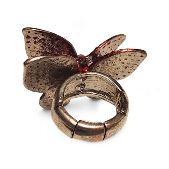 Vintage Butterfly Statement Ring, Red-Orange Rhinestone, Silver Adjustable Band - Picture 4 of 8